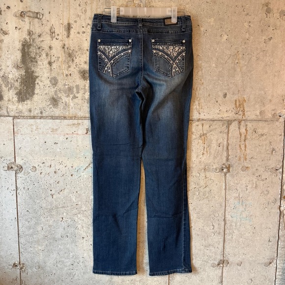 Earl Jean Jeans Womens 4 Blue Mid Rise Straight Leg Lace Rhinestone Studded - Picture 2 of 9